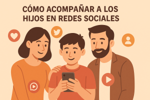 madre y un padre acompañando a su hijo adolescente mientras usan juntos un smartphone