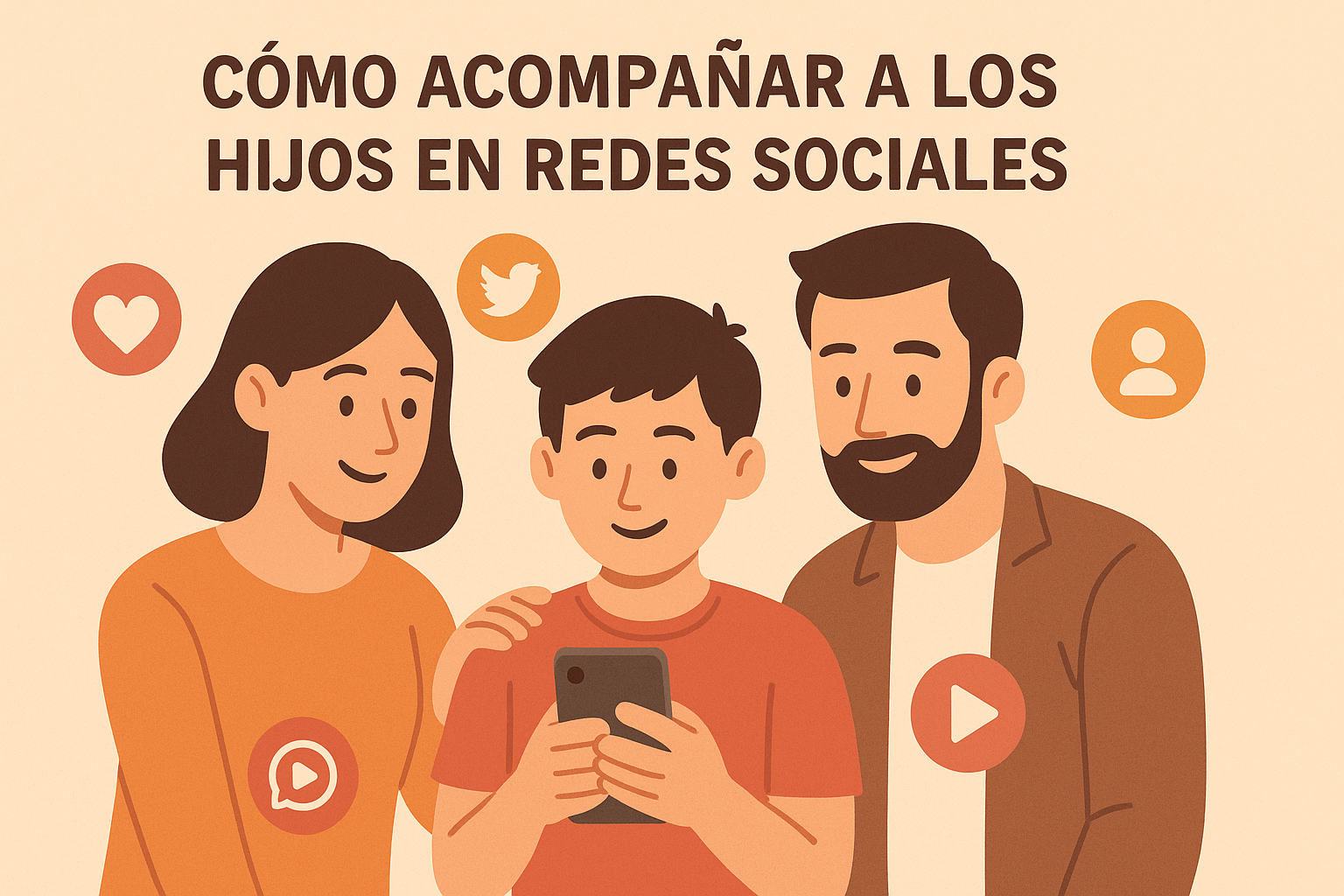madre y un padre acompañando a su hijo adolescente mientras usan juntos un smartphone