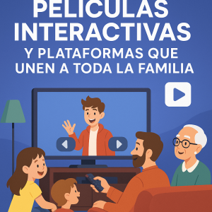 familia disfrutando películas interactivas en TV, entretenimiento familiar digital